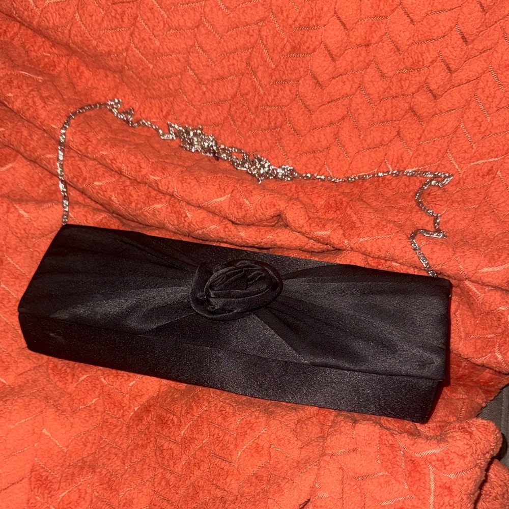 Elegant Black Satin Rose Clutch Bag - Perfect for Evenings Out